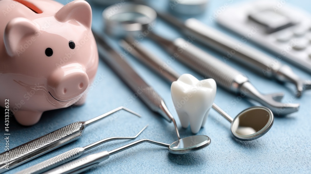 Display dental care essentials like a toothbrush, floss, and a piggy bank against a vibrant blue background for budgeting tips