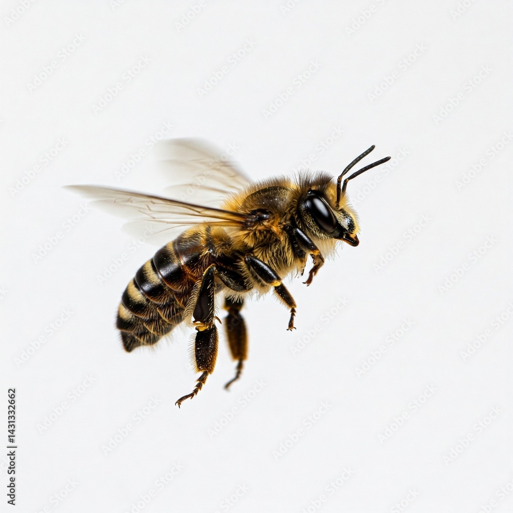 Macro Bee Closeup Flying Isolated on White Isolated Background Macro Bee Closeup Flying Isolated on White Isolated Background