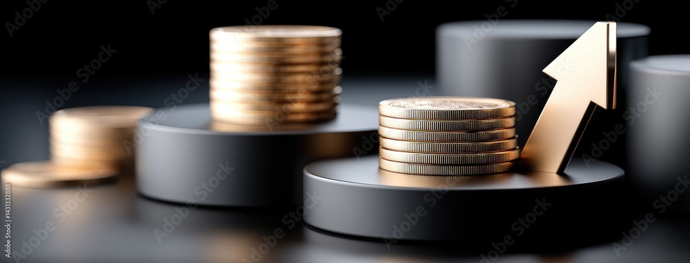 Gold coins are stacked on a podium with an arrow pointing up, symbolizing business growth and prosperity against a dark backdrop