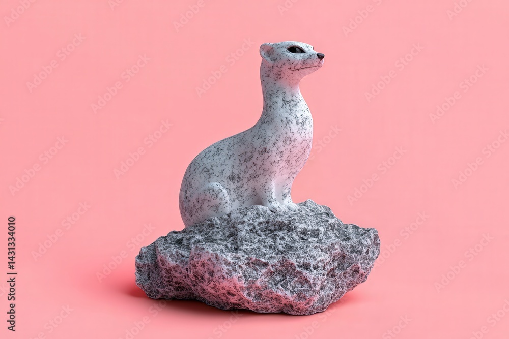 Obraz premium Small, light gray weasel figurine atop a dark gray rock.