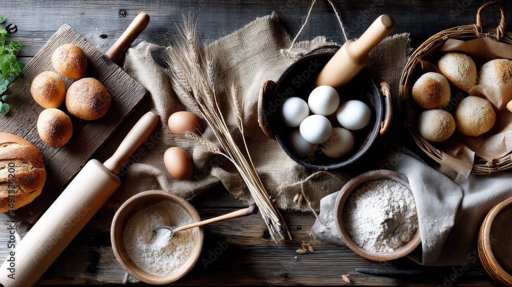 Warm light highlights a variety of breads and pastries alongside baking ingredients on a rustic wooden table