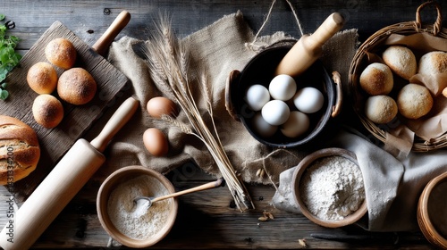 Obraz na płótnie Warm light highlights a variety of breads and pastries alongside baking ingredients on a rustic wooden table w salonie