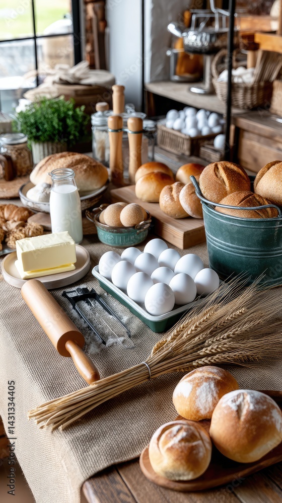Warm light highlights a variety of breads and pastries alongside baking ingredients on a rustic wooden table