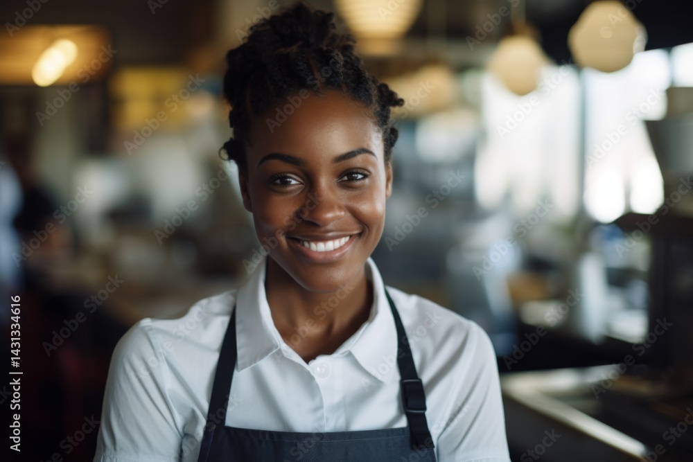 Fototapeta premium Smiling portrait of a young female African American waiter in a cafe