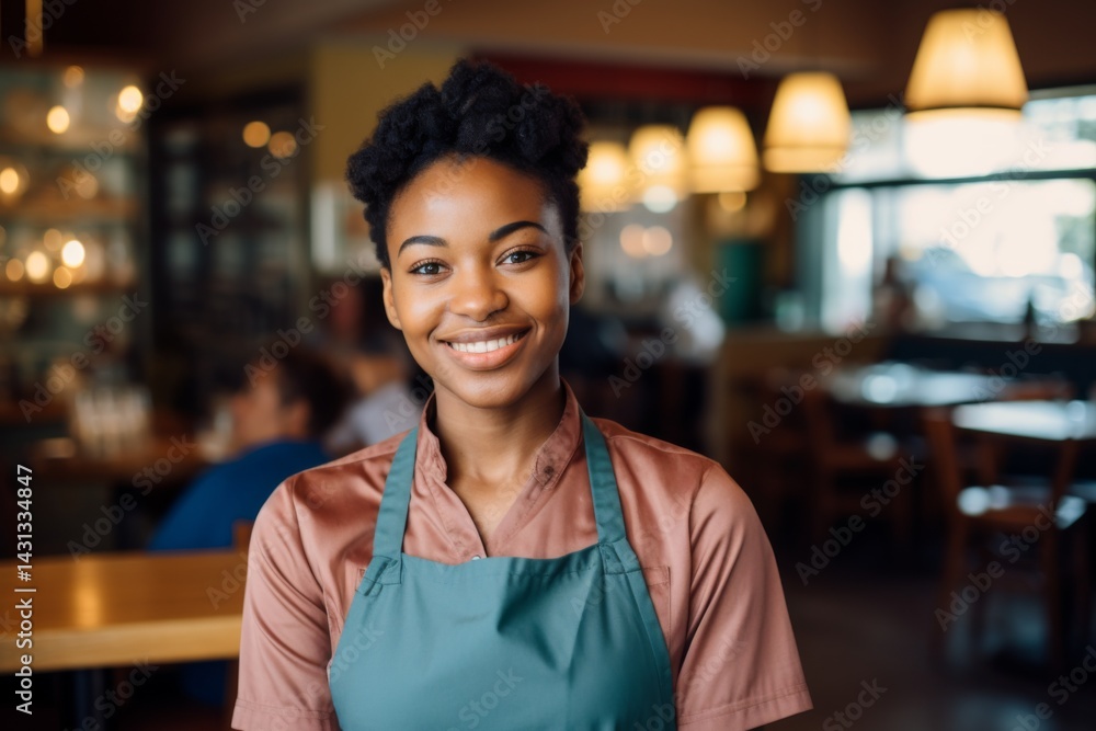 Smiling portrait of a young female African American waiter in a cafe Smiling portrait of a young female African American waiter in a cafe