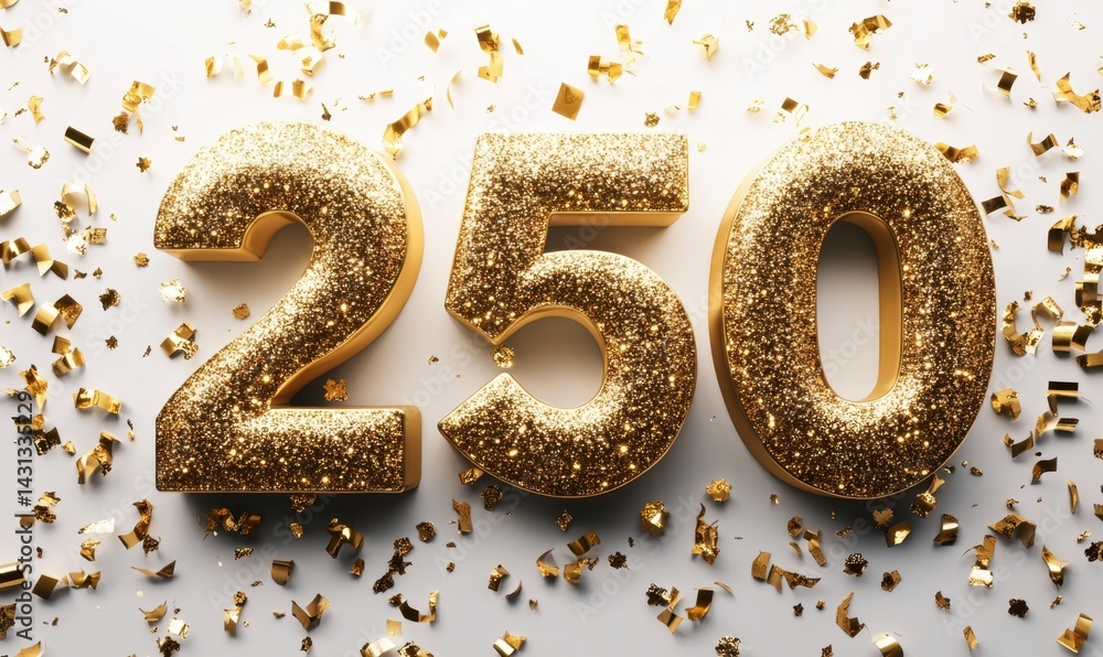 Sparkling Golden Number 250 Surrounded by Shimmering Confetti Sparkling Golden Number 250 Surrounded by Shimmering Confetti