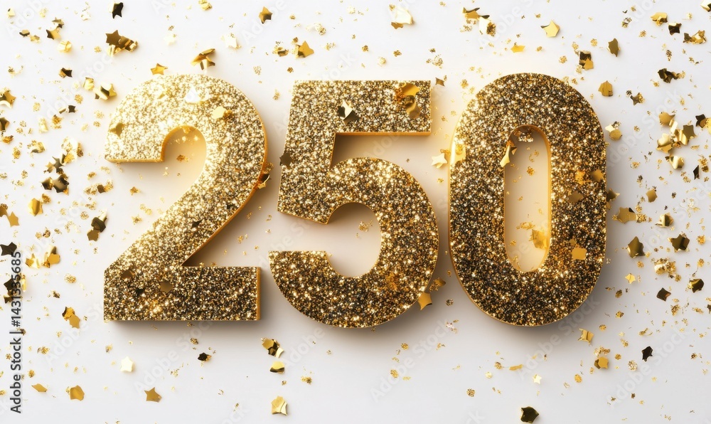 Golden Glittery Number 250 with Sparkling Confetti Decorations Golden Glittery Number 250 with Sparkling Confetti Decorations