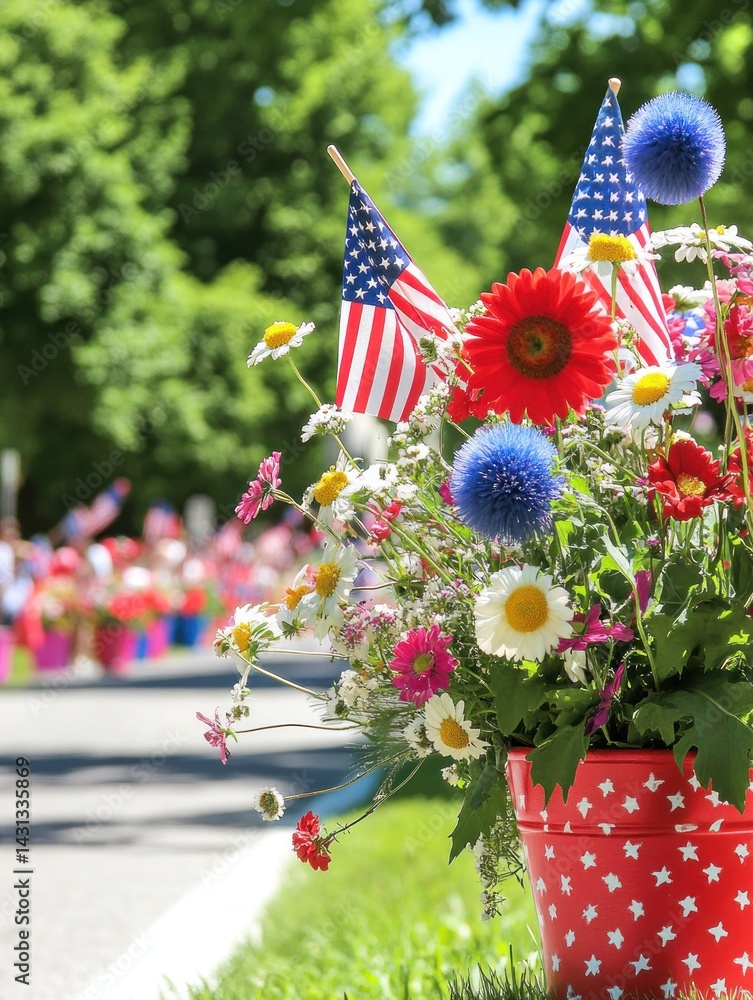 Families lined up along a parade, waving small American flags, with a focus on their expressions of pride and gratitude.