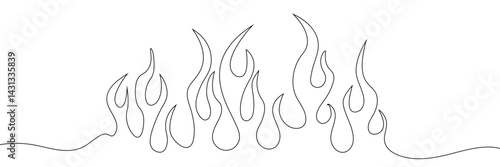 Fire one continuous line drawing. Abstract black and white minimal single line art, Flame in continuous one line drawing. Fire icon concept. EPS 10 .
