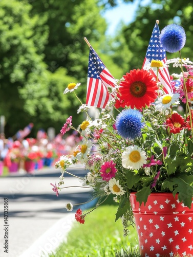 Obraz na płótnie Families lined up along a parade, waving small American flags, with a focus on their expressions of pride and gratitude. w salonie
