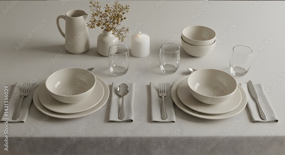 Elegant table setting with white dinnerware and soft lighting creates a serene atmosphere for dining Elegant table setting with white dinnerware and soft lighting creates a serene atmosphere for dining