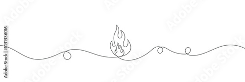 Fire one continuous line drawing. Abstract black and white minimal single line art, Flame in continuous one line drawing. Fire icon concept. EPS 10 .