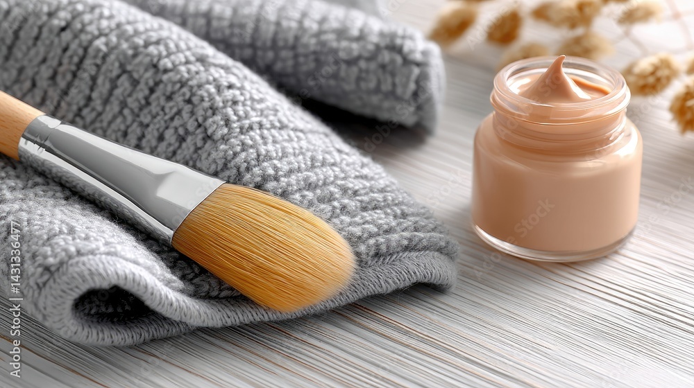 Beige paint on a paintbrush sits beside a soft towel on a light wooden surface, perfect for art projects or home decor