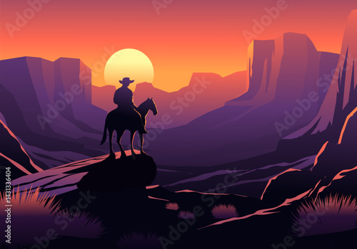 Desert sunset landscape illustration with a cowboy on a horse