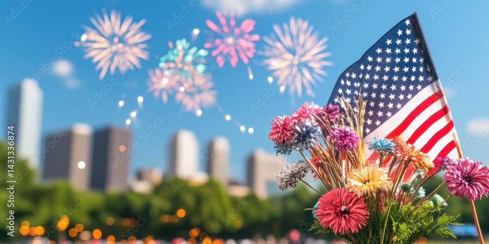 Fireworks Above Waving American Flag on Fourth of July Night