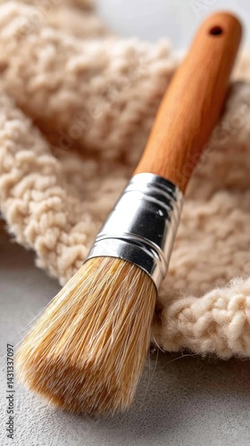 Closeup view of a paintbrush on a beige cloth over a wooden surface, ideal for art projects and home repair needs