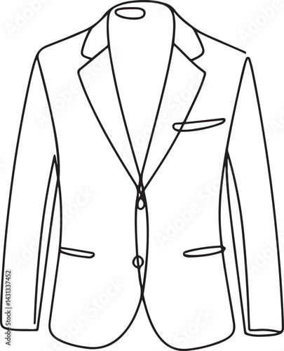 Minimalist men's jacket illustration in clean continuous black line art style with white background highlighting sleek fashion concept in elegant modern vector