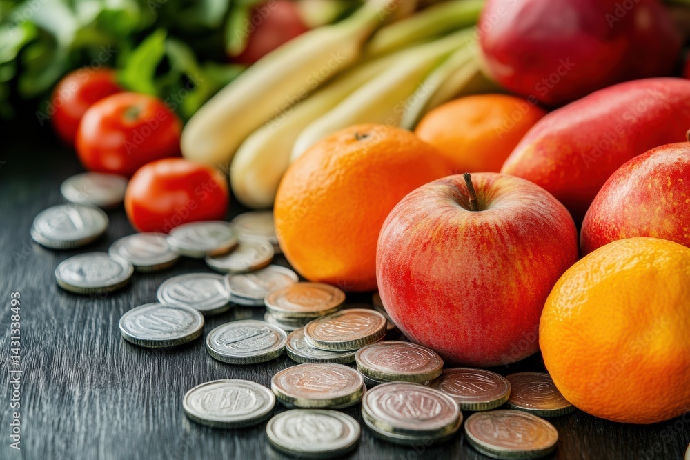 Fresh produce with scattered coins on wooden surface represents financial choices and healthy eating