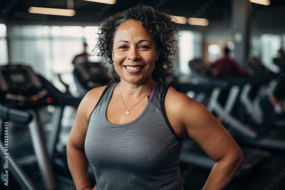 Smiling portrait of a middle aged slightly overweight woman in a gym in sports clothes Smiling portrait of a middle aged slightly overweight woman in a gym in sports clothes