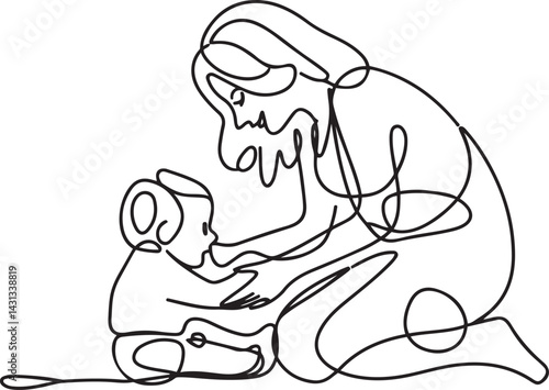Minimalist continuous line drawing of a mother and baby in a tender embrace with clean black lines and a white background portraying maternal love and intimacy