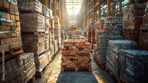 Wallpaper Mural Warehouse interior with stacked pallets of bricks or blocks under bright light. Torontodigital.ca