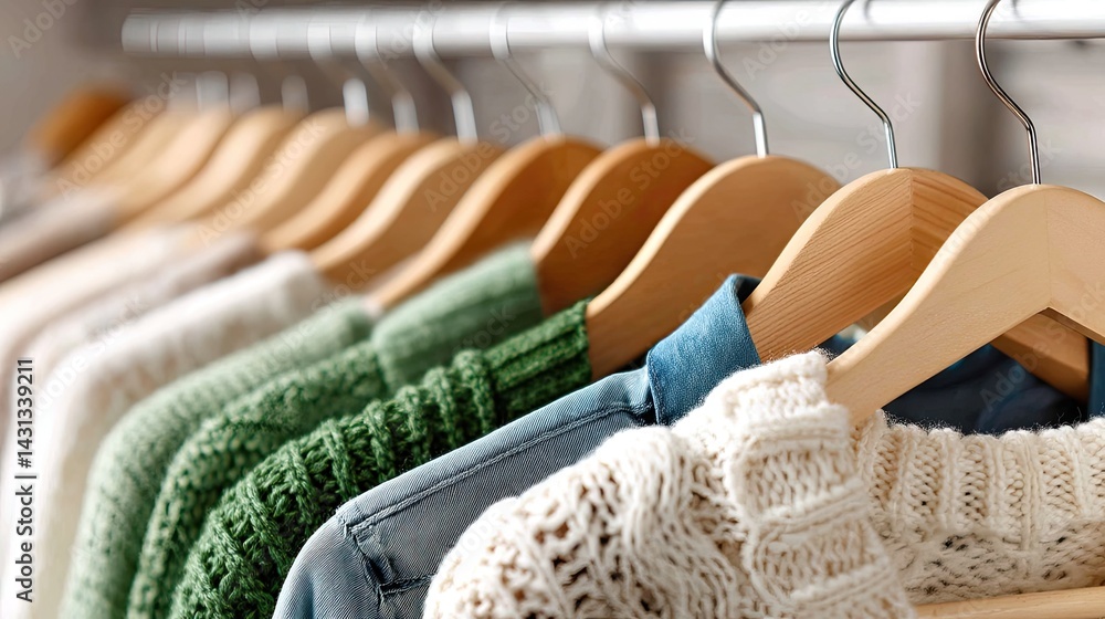 Close-up view of a closet featuring organized clothing items in different colors and patterns, highlighting stylish arrangements