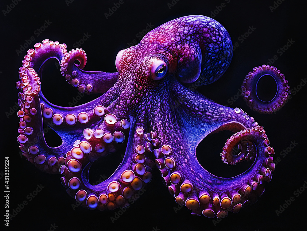 Fototapeta premium Artistic close-up of a deep-sea octopus in shades of iridescent purple, evoking a dreamlike fine art composition.