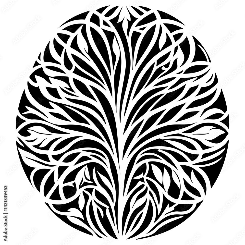 Obraz premium Stylized Foliage Design: Circular Branching Pattern in Contrasting Black and White