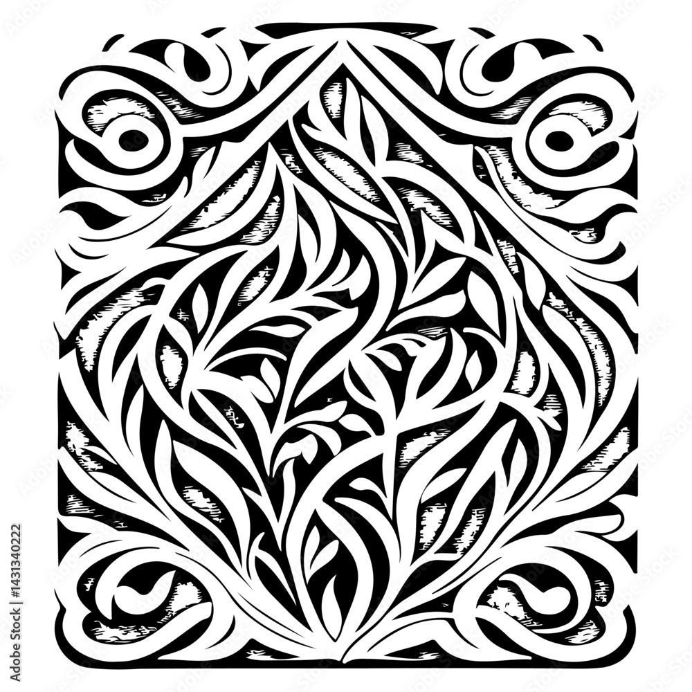 Stylized monochrome foliage pattern with ornamental and botanical elements Stylized monochrome foliage pattern with ornamental and botanical elements