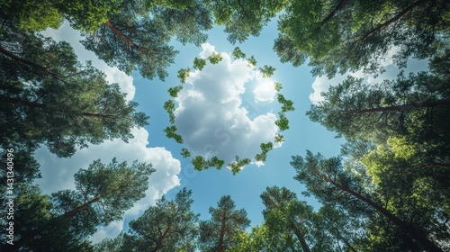 Creative Umbrella Made of Pine Tree Canopy and Clouds Shelters Nature in a Serene Forest Atmosphere During a Bright Day Generative AI