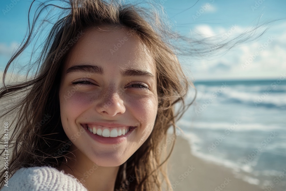 Young caucasian female smiling at beach on sunny day. Young caucasian female smiling at beach on sunny day.