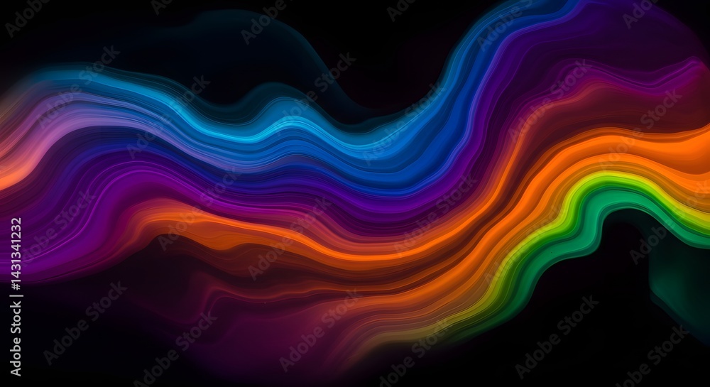 Obraz premium Abstract colorful wave pattern with shades of blue purple orange and green on a black background
