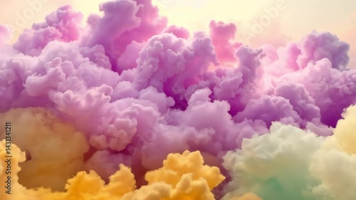 Fluffy pastel clouds in dreamy shades of pink, purple, yellow, and a hint of green fill the frame against a soft, hazy light. Ethereal and calming.