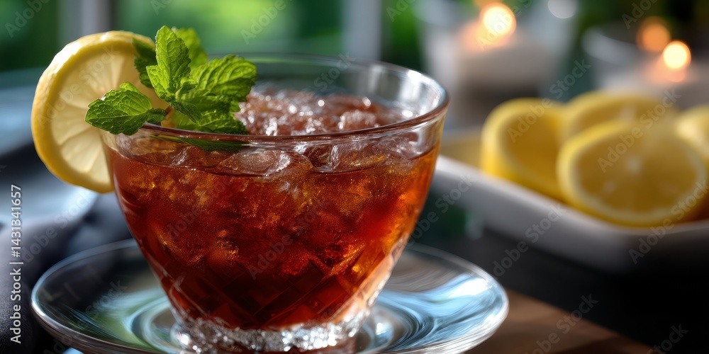 Refreshing iced tea with lemon and mint served in a clear glass on a wooden table Refreshing iced tea with lemon and mint served in a clear glass on a wooden table