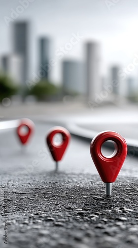 Red 3D location pins stand out on a road surface, guiding city navigation with a defocused background illustrating urban life