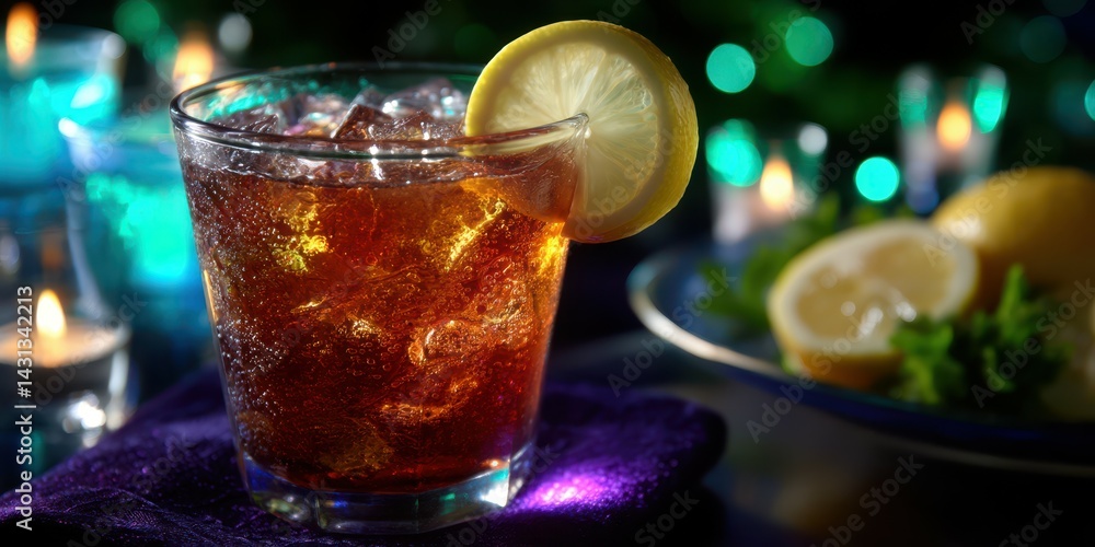 Refreshing drink with lemon slice served in a glass on a colorful table at a festive gathering during the evening Refreshing drink with lemon slice served in a glass on a colorful table at a festive gathering during the evening