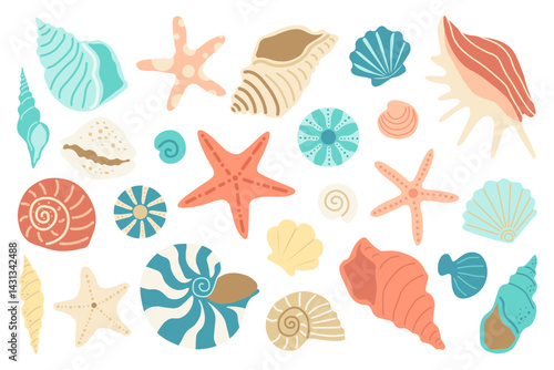 Sea shells set in flat style. Ocean underwater seashell conch aquatic mollusk, sea spiral snail, starfish, scallop. Vector illustration on white background.
