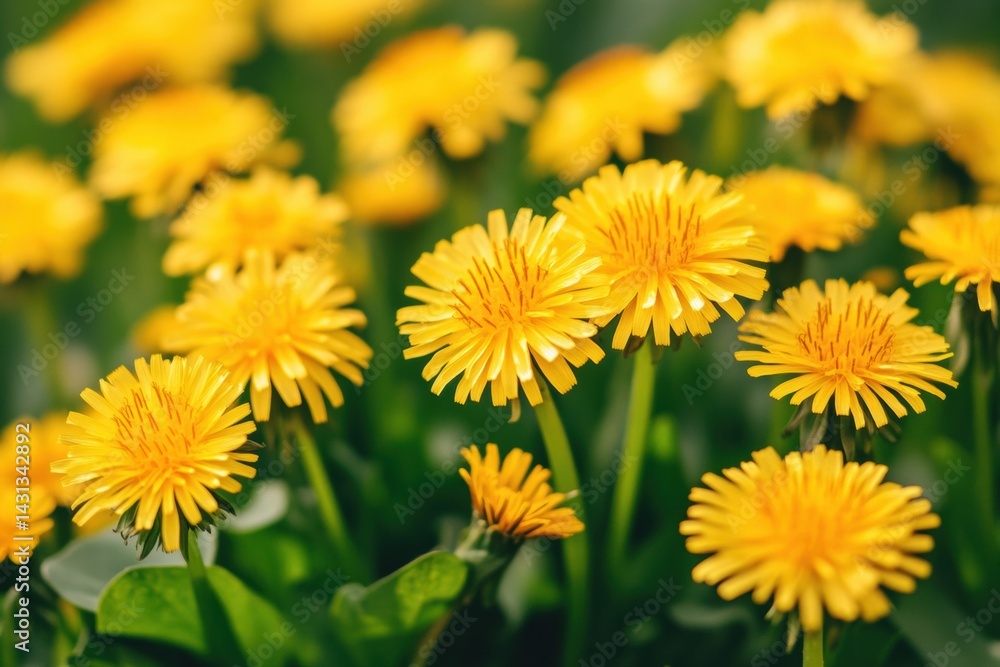 Vibrant yellow dandelions blooming in a sunny field Vibrant yellow dandelions blooming in a sunny field