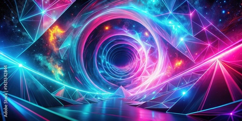 A cosmic dreamscape unfolds, vibrant neon lights illuminate geometric structures amidst swirling nebulas and a mesmerizing vortex.