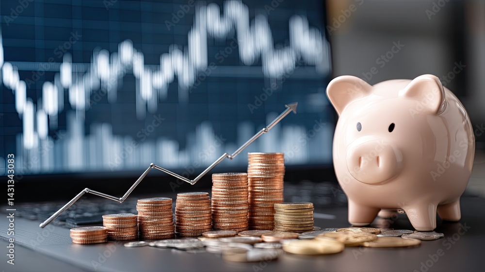 Piggy bank sits beside stacked coins while a growing graph symbolizes increasing savings and investment potential in finance