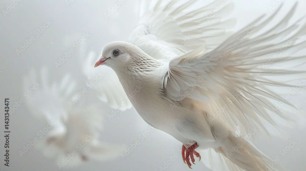Obraz premium A graceful white dove in flight, wings outstretched, with other doves softly blurred in the background.