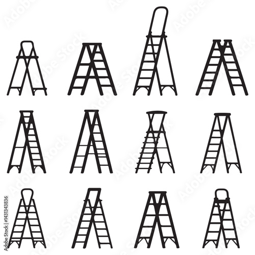 Collection of metal ladders. Different types of stepladders. Flat Vector Black silhouettes. with white background