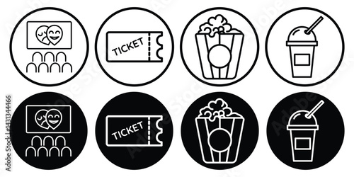 Cinema hall icon set with ticket popcorn drink screen audience mask entertainment symbol vector illustration in black and white style.