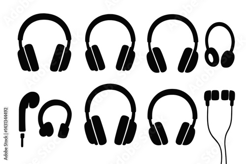 Various headphone icons representing different styles and connections displayed in black silhouette