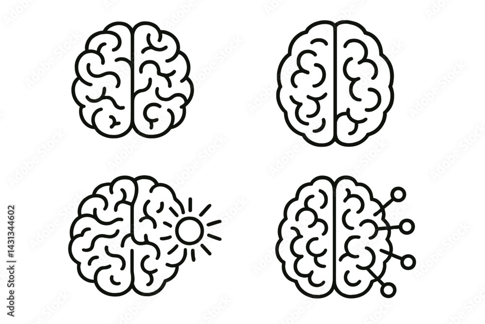 Icon set showcasing brain illustrations with various concepts related to thought, creativity, and innovation Icon set showcasing brain illustrations with various concepts related to thought, creativity, and innovation
