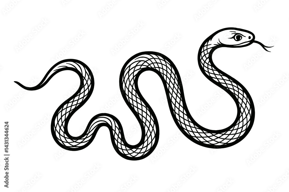 Stylized black and white snake illustration with intricate line work and unique design elements Stylized black and white snake illustration with intricate line work and unique design elements