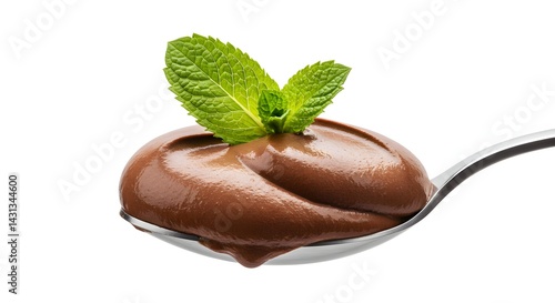 A spoonful of smooth chocolate pudding topped with fresh green mint leaves on a white background