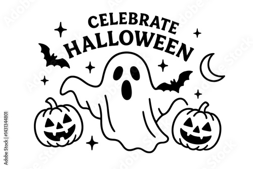 Celebrate Halloween with spooky elements like a ghost, bats, pumpkins, and stars for festive design ideas