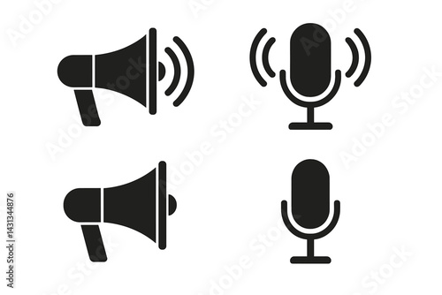 Icon set featuring microphone and speaker symbols designed for audio-related applications and digital interfaces