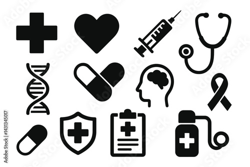 Icon set illustrating various health and medical symbols in a modern design for creative projects and digital applications